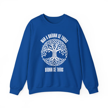 Blue sweatshirt with Celtic Tree of Life knot and Irish Gaelic "As above, so below" text.