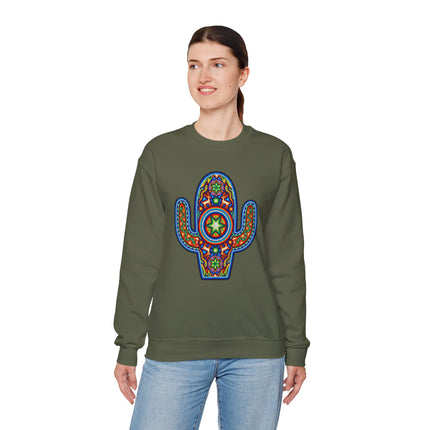 Colorful Huichol art cactus graphic on a dark green sweatshirt.