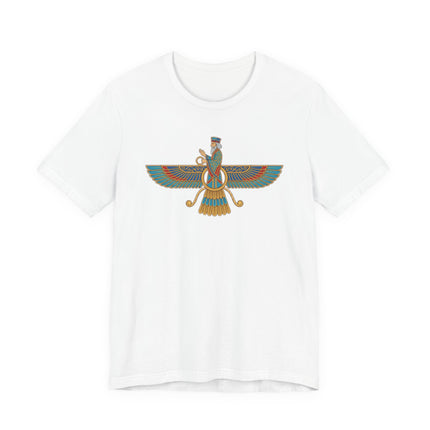 Faravahar winged symbol graphic on a white t-shirt, representing Zoroastrian Persian culture.