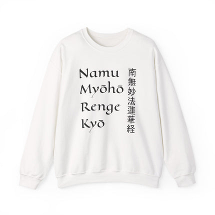 Buddhist mantra kanji sweatshirt featuring Namu Myoho Renge Kyo, Lotus Sutra script print on apparel.