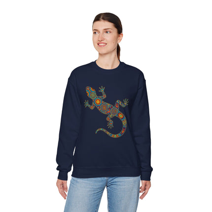 Huichol tribal art lizard graphic on a dark pullover sweatshirt.