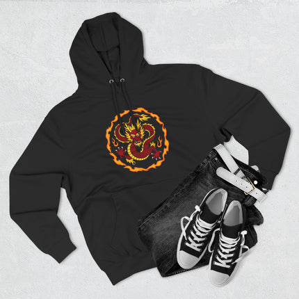 Black pullover hoodie featuring a vibrant, fiery Chinese dragon coiled in a circular graphic print.