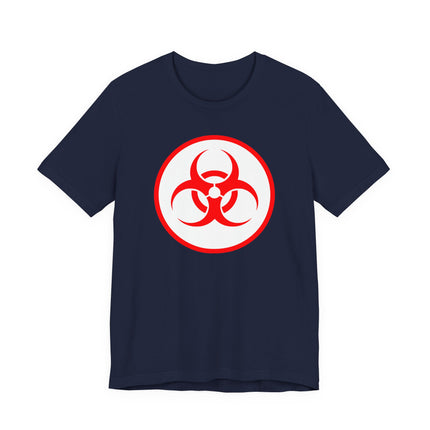 Red biohazard symbol graphic printed on a navy blue unisex t-shirt.