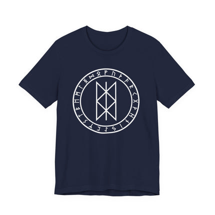 Norse Web of Wyrd rune circle graphic on a navy blue Viking mythology t-shirt.