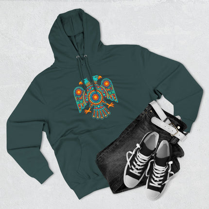 Vibrant Huichol two-headed eagle graphic, Mexican folk art style, on a dark pullover hoodie.