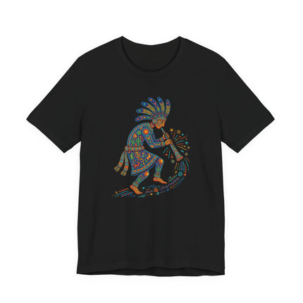 Colorful Kokopelli flute player graphic tee featuring tribal and Native American folk art design.