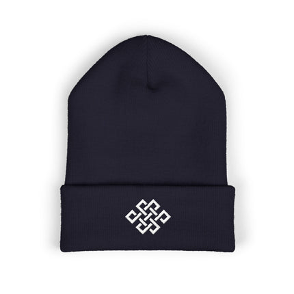 Endless Knot Embroidered Cuffed Beanie with White Interwoven Geometry