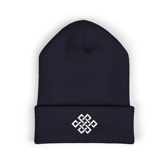 Endless Knot Embroidered Cuffed Beanie with White Interwoven Geometry
