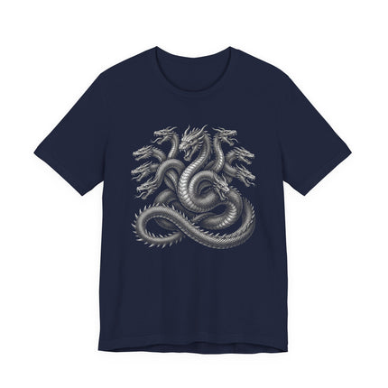 Multi-headed Hydra dragon illustration graphic on a dark t-shirt, featuring Greek mythology art.