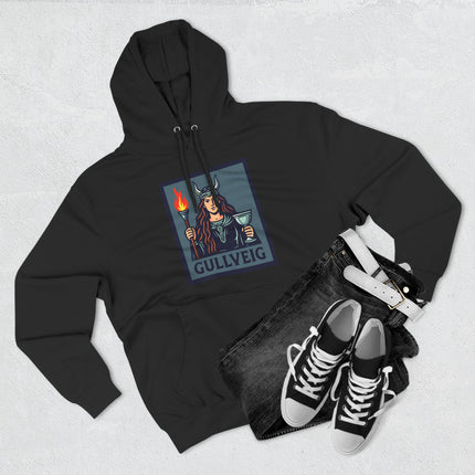 Norse Mythology Goddess Gullveig hoodie graphic featuring a torch and chalice design.