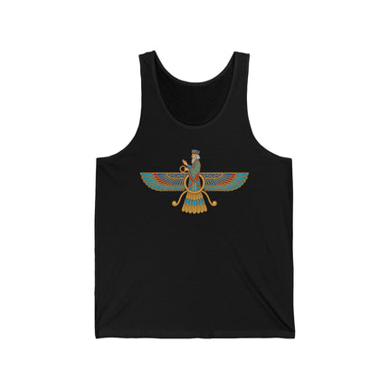 Faravahar symbol graphic on a black tank top, representing Zoroastrian Persian cultural heritage.