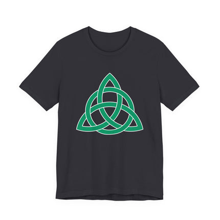Green Celtic Triquetra knot design on a black t-shirt.