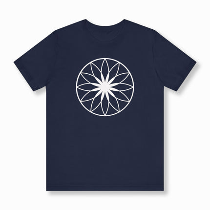 White sacred geometry lotus mandala graphic on a navy blue t-shirt.