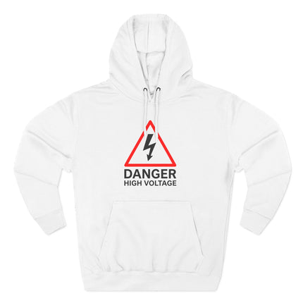 White hoodie with a red danger sign graphic reading "DANGER HIGH VOLTAGE.