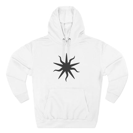 Mystical solar sunburst graphic on white occult hoodie. Esoteric celestial symbol apparel.