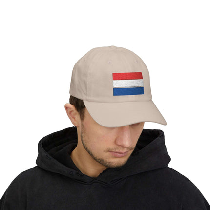 Embroidered Netherlands flag baseball cap with tricolor stripes.