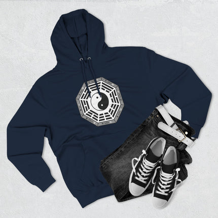Bagua Yin Yang symbol hoodie featuring Eastern philosophy and balance. Unisex graphic apparel.