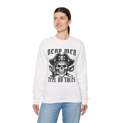 Pirate skull graphic sweatshirt with "Dead Men Tell No Tales" text.