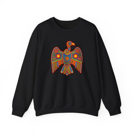 Colorful Huichol Mexican indigenous vulture artwork printed on a cozy pullover sweatshirt.