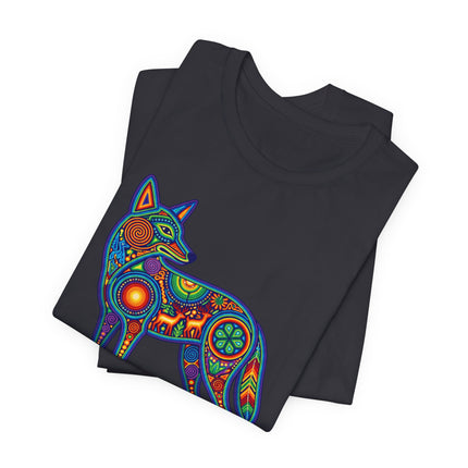 Vibrant Huichol coyote graphic tee featuring Mexican folk art and tribal patterns.