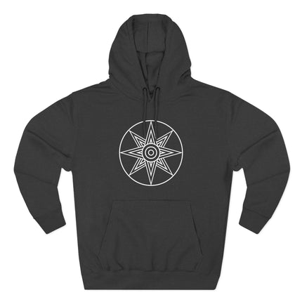 Mesopotamian Ishtar star symbol graphic on a black hoodie.