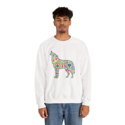 Colorful Huichol art wolf graphic on a white unisex sweatshirt.