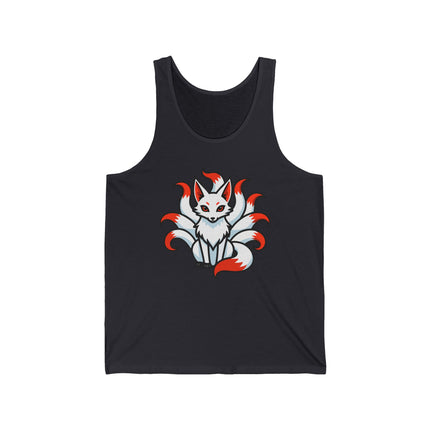 Mystical nine-tailed fox kitsune graphic print on a black tank top. Japanese mythology design.