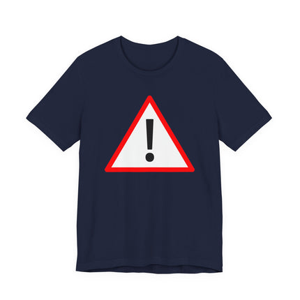 Warning sign exclamation mark graphic tee on a navy blue shirt.