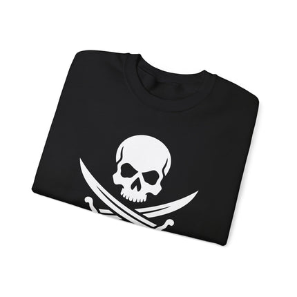 Pirate skull and crossed sabers graphic design on a black sweatshirt.