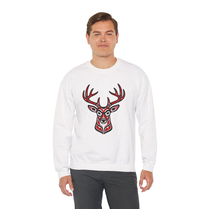 Indigenous red and black deer head tribal art sweatshirt graphic.