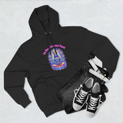 Psychedelic Krishna Om mantra mandala art on black pullover hoodie.