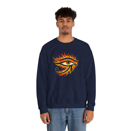 Eye of Ra graphic sweatshirt featuring a fiery ancient Egyptian eye design.