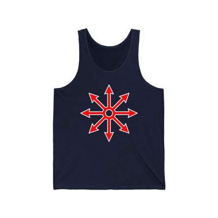 Red chaos star occult symbol graphic on a dark tank top.