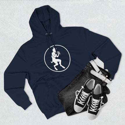 Pan satyr playing flute graphic on dark blue mythology hoodie.