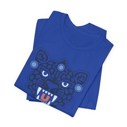 Aztec Jaguar Mask T-Shirt | Teal Feline Face and Gold Details Tee