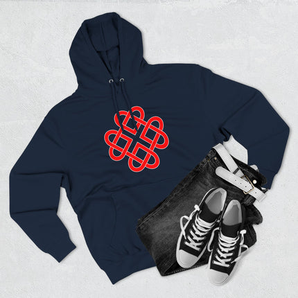 Celtic knot heart symbol on a navy blue graphic pullover hoodie.
