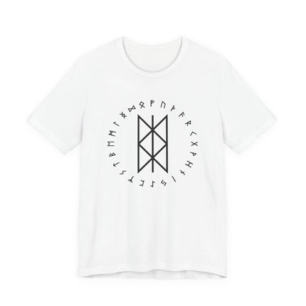 Web of Wyrd rune circle graphic tee featuring Norse runes and Viking symbols.