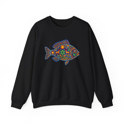 Colorful Huichol fish graphic featuring Mexican folk art patterns on a black sweatshirt.