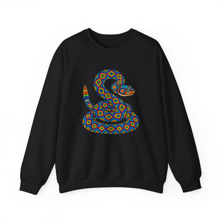 Colorful geometric rattlesnake design in Huichol style, coiled pattern on black fabric.