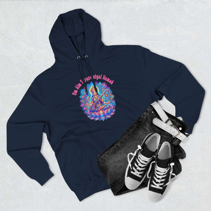 Saraswati Goddess mandala hoodie featuring Om Aim Saraswatyai Namah mantra print.