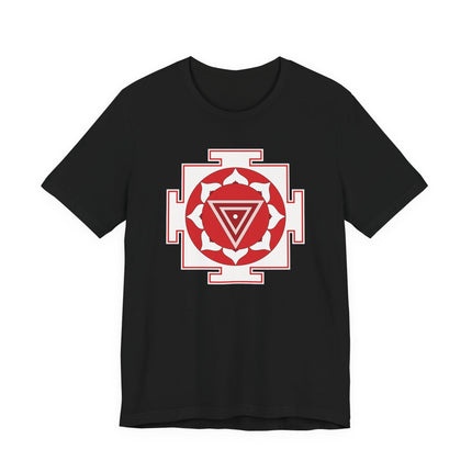 Red Kali Yantra sacred geometry symbol printed on a black spiritual t-shirt.