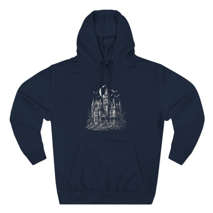 Gothic haunted mansion design with bats and a crescent moon illustration.
