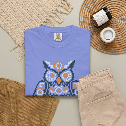 Aztec Owl T-Shirt | Rust Red Geometric Bird with Gold Eye Details Tee