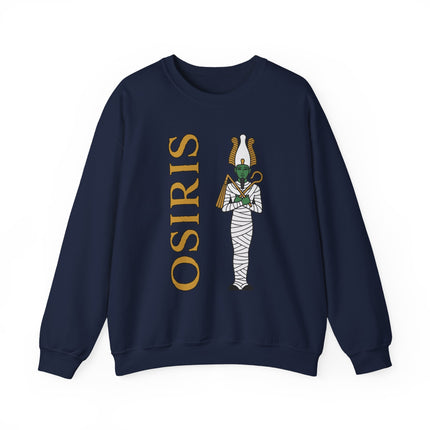 Osiris Egyptian god graphic on a navy sweatshirt, featuring mummy mythology art and name.