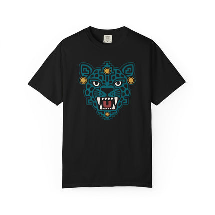 Aztec Jaguar Mask T-Shirt | Teal Feline Face with White Fang Details Tee