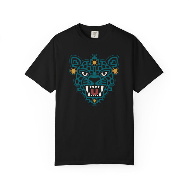 Aztec Jaguar Mask T-Shirt | Teal Feline Face with White Fang Details Tee