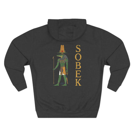 Sobek, the crocodile god of Ancient Egypt, graphic print on a black mythology pullover hoodie.