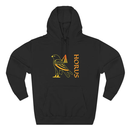 Horus Egyptian falcon graphic and name on black mythology hoodie.