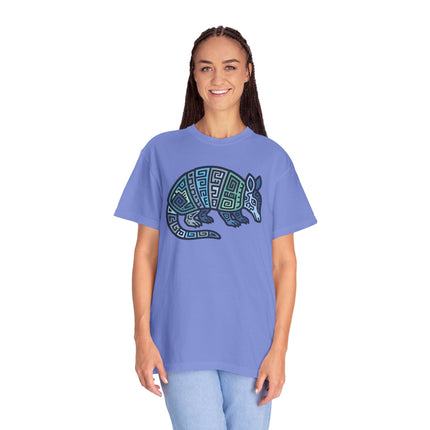 Mayan Armadillo Geometric Tribal Art T-Shirt | Blue Green Graphic Tee