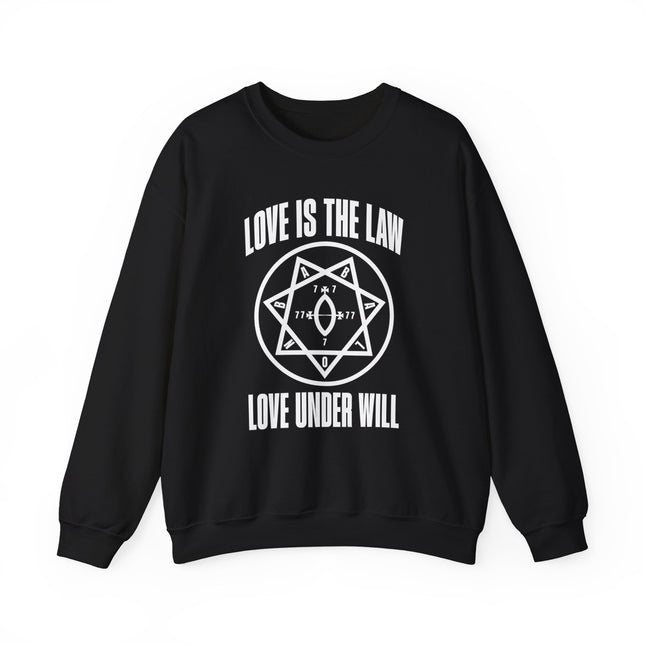 Love Is The Law occult hexagram graphic on a black Thelema sweatshirt.